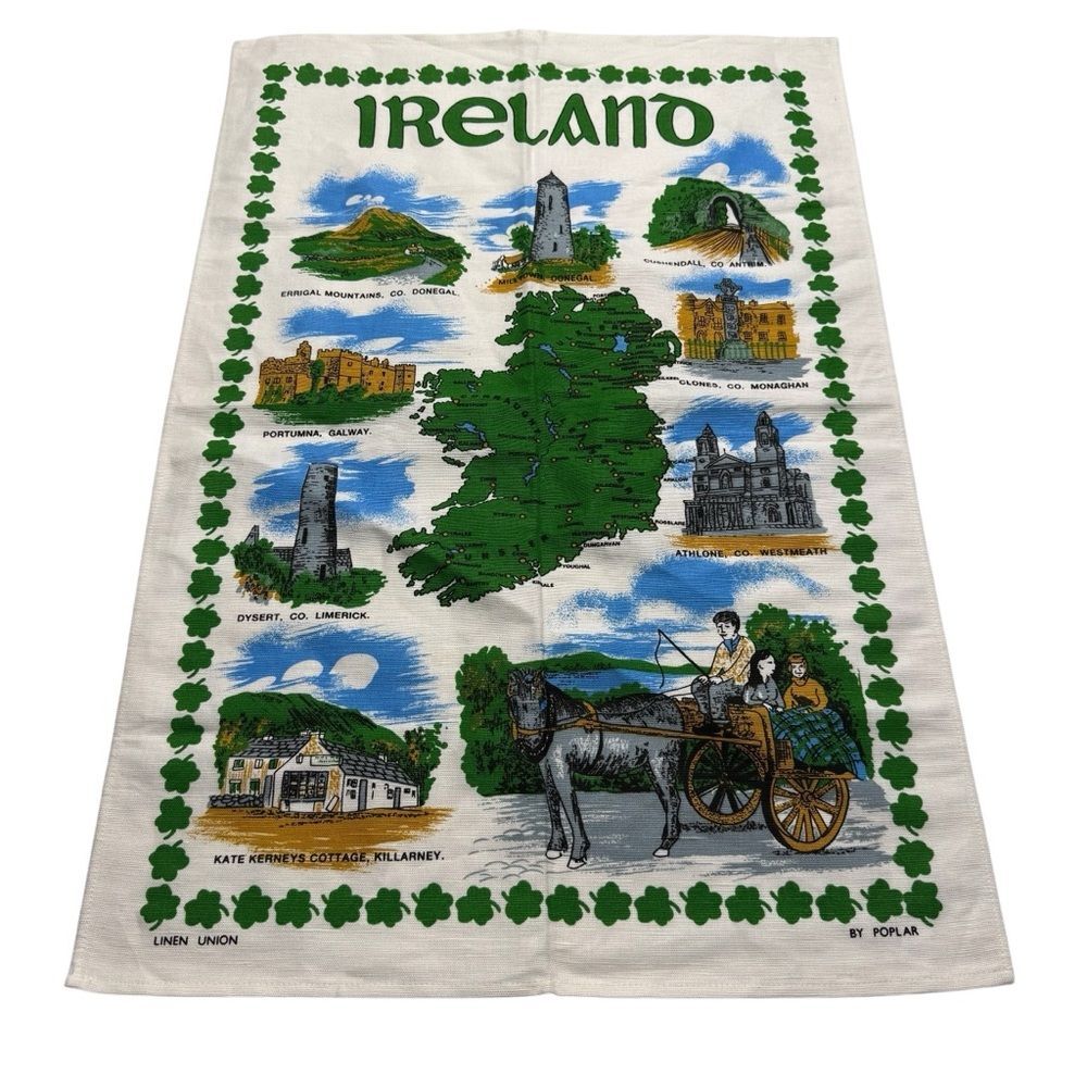 Vintage Poplar Irish Linen Union Tea Towel Ireland Map Souvenir Dish Towel